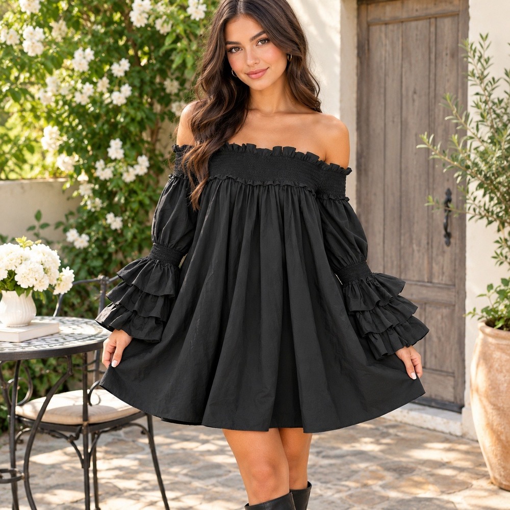 Step In Style Black Smocked Off Shoulder Ruffle Sleeve Babydoll Mini Dress M